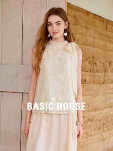 Basic House | Apricot Color Embroidery Tie-neck Sleeveless Shirt