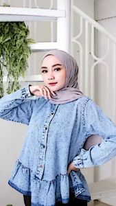 ENNA STORE Minami Blouse bahan jeans ukuran LD 102 cm PB 62 cm terbaru 2023 kekinian modis elegan fashion muslimah hijab style pusat grosir pakaian