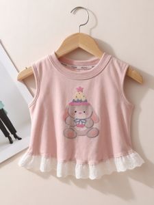 Cartoon Ice Silk Little Bear Print Lace Hem Girls Camisole