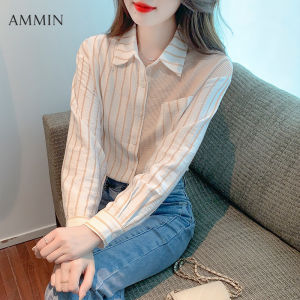 AMMIN Korean Style Womens Long Sleeve Casual Commuter Versatile Striped Shirt New Fashion Temperament Chic Striped Printed Chiffon Tops