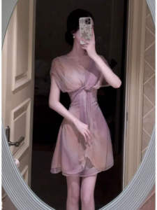 Elegant V-neck Short Skirt Halter Neck Chiffon Slim Fit Summer Fashion Dress Ladylike Quality Polyester Fiber Gathered Waist