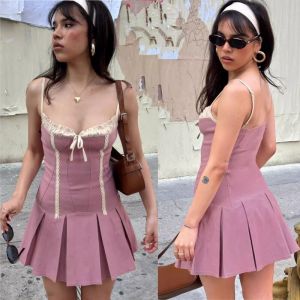 Princess Polly American Retro Sweetheart Cherry Blossom Powder Patchwork Lace Bows Pleated Sling Dress