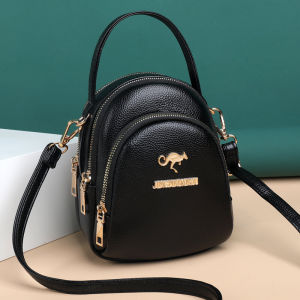 กระเป๋าสะพายข้างหนังแท้ 3 ชั้นสำหรับผู้หญิง กระเป๋าสะพายข้างแบบสะพายข้างสำหรับใส่โทรศัพท์มือถือ กระเป๋าสะพายข้างสไตล์เกาหลีอเนกประสงค์