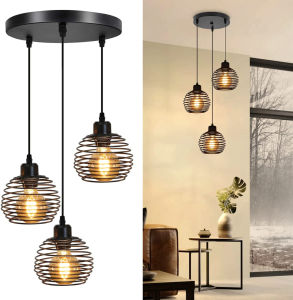 【Free Bulb】3 Heads Cage Pendant Light Modern Simplicity Hanging Light Pendant Lamp Wall Light Interior Decoration Lighting Aisle Light E27 Lamp Holder Base
