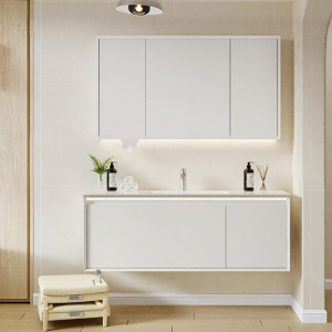SSWW | French Cream Bath Cabinet with Mirror Seamless Solid Rock Panel