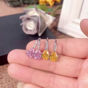 Huitan Pear Pink/Yellow Cubic Zirconia Drop Earrings for Women Silver Color Luxury Wedding Engagement Female Earrings Jewelry
