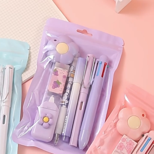 Cute 7in1 Ballpoint Pen Gradient Stationery Set Correction  Pencil Eraser Correction Tape Knife School Office Writing