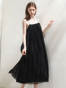 Miccbeirn | Silk Chiffon Embroidered Sequin Strap Dress A-Line Long Dress Commute Style Summer Season No Sleeve Pure Color Casual Dress