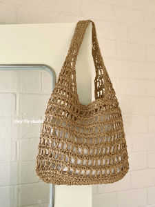 Feytiy Summer Refreshing Hollow out Woven Straw Shoulder Bag Tote Handbag Casual Style Open Top Medium Size Pure Color