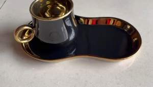 Mug and Saucer Ceramics suitable Coffee Tea Gift Idea Black Gold Color