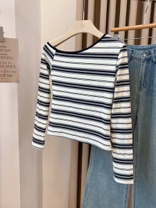Off Shoulder Striped Long Sleeve Top for Women Korean Style Slim Fit Striped T-shirt