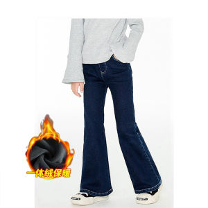 Girls Fleece Lined Flared Jeans Thickened One Piece Velvet Childrens Clothing Spring Autumn Winter New Style Casual Cotton Denim