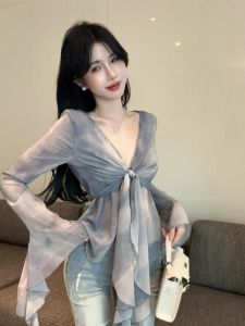 GUZILIAN | French Style Pure Desire Long Sleeve Shirt Women Spring Autumn Belted Slimming Bell Sleeve V Neck Tied Blouse Commute Style