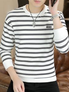 ROMON | Loose Fit Mens Round Neck Sweatshirt Casual Long Sleeve T-Shirt Comfortable Spring Autumn Stripe Pattern Base Layer Top