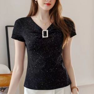 New 2024 Womens Bright Thread Large Size Summer T-Shirt V-Neck Short Sleeve Slimming Top Versatile Fashionable Fake Collar