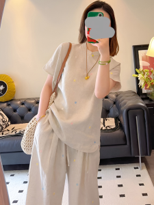 Shalldoer | Anti-Aging Retro Chinese Style Womens Summer Fashionable Short Sleeve Sun Protection Buttoned Shorts Set Round Neck Two-Piece Suit