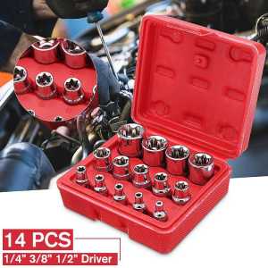 THE SUN 14pcs/set Female and Bit Type Sockets Wrench Head E4-e24 1/4" 3/8" Torx Star Sleeve Set Auto Repair Tools Hand