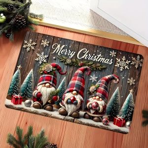 VIKAMA Christmas Floor Mat Three Gnomes Plaid Hat Xmas Tree Snow Wood Print Non Slip Mat For Front Door Porch Entry Home Decor