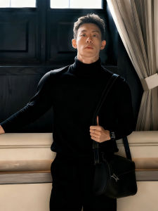 เสื้อเชิ้ตคอปกสูงแบบสวมหัวแขนยาวผ้าขนแกะสีดำ ทรงสลิมฟิต สำหรับผู้ชาย ฤดูใบไม้ร่วง/ฤดูหนาว ปกติ ปกติ ปกติ