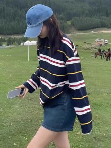 chaqi | เสื้อยืดคอกลมแขนยาวหลวมๆ สไตล์อเมริกันลายทางย้อนยุคสำหรับผู้หญิง เสื้อคลุมกันแดดฤดูใบไม้ร่วง แฟชั่นลำลอง