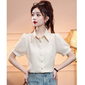 French Style Polo Collar Chiffon Shirt Womens Loose Work Shirt T-shirt Summer New Arrival Short Sleeve Business Shirt Easiest for Match