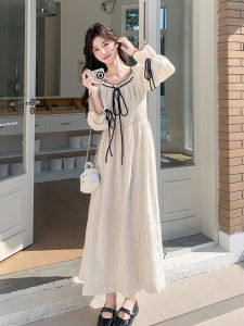 Blue French Style Sweet Soft Lace Splicing Dress Womens Autumn New Loose Waist Polyester Fiber Long A-Line Skirt Dress