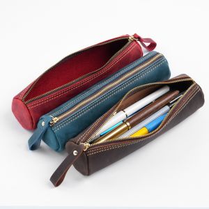 Genuine Leather Zipper Pen Case - Stylish Pencil Pouch for Students Office & Travel - Compact Stationery Organizer Bag