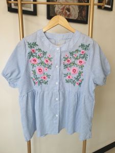 (SG SELLER)POPPY Womens fashion Embroidered Blouses Loose Casual shirt  Puff Short Sleeve Stripe Top