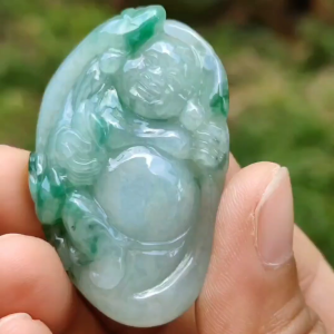 Rare High Quality Light Green and Green Natural Type A Jadeite Jade crafted with Milo Buddha as Pendant certificate weighs 28.04 grams measurement 46.3 * 30.3 * 13.9 mm (pendant285)