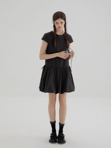 LBAORAW Vintage Black Bloomer Skirt Summer Thin Loose Short Butterfly Knot Shell Sleeve round Neck A-Line Skirt Womens Dress