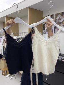 Black Lace Trim V-Neck Strap Vest Womens Inner Wear Knitted Sweet Spicy Top Splicing Design Commute Style Slim Fit