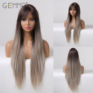 Long Synthetic Ombre Chocolate Brown Gray Wig with Bangs Straight Cosplay Natural Wigs for Black Women Heat Resistant Fake Hair