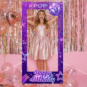 1pc Purple Disco Photo Frame Backdrop Happy Birthday Pattern Polyester Photo Booth Props for Disco Theme Birthday Party Supplies