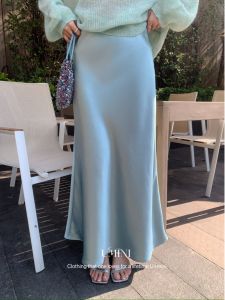 Elegant High Waist Silk Satin Skirt Romantic Commute Long Skirt Spring Season Fashionable Versatile Shiny Surface City Walk