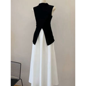 Summer Outfit Korean Style High Waist A-Line Skirt And Top Set Womens Sleeveless Split Cold Shoulder Two-Piece Ensemble