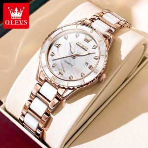 OLEVS Watch For Women Waterproof Original Elegant Korean Style Luxury Diamond Fritillaria Dial Ceramic Strap Casual Calendar Luminous