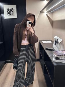 High Waist Striped Wide Leg Pants Womens Casual Loose Fit Floor Length Trousers Comfortable Draping Straight Cut Trousers