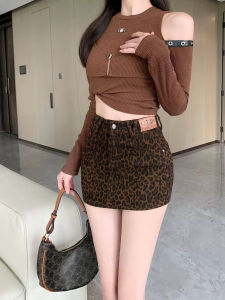 2025 autumn stretch coffee colored leopard print denim bag skirt spicy girl patch fabric short skirt