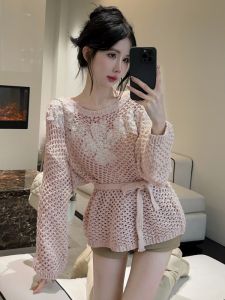 GUZILIAN | เสื้อถักแขนยาวเซ็กซี่สไตล์ย้อนยุค หวานๆ หรูหรา สำหรับผู้หญิงวัย 18-24 ปี ฤดูใบไม้ร่วง 2024 ผ้าฝ้ายผสมโพลีเอสเตอร์