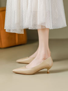 รองเท้าส้นสูงสีเปล่าสำหรับผู้หญิง ทรงหัวแหลม ทรงหัวมน ส้นเตี้ย สีดำ รองเท้าทำงานแบบสวม รองเท้าแฟชั่นสำหรับผู้หญิง