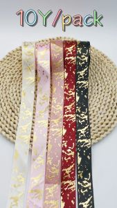 (10 yards/cuộn) 25mm chiều rộng hoa văn cẩm thạch lá vàng kim dập nóng ruy băng satin Quà tặng đám cưới băng cuộn bán buôn