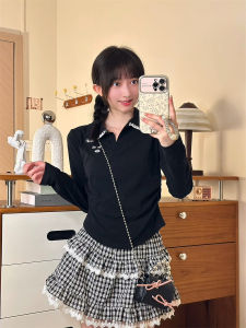 Áo Thun Tay Dài Cổ Polo Phong Cách Hàn Quốc Có Nơ Bướm Ngắn Bó Eo Thời Trang Thu Đông Cotton 90% Polyester 10%