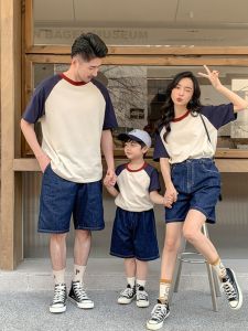 Family Matching Short Sleeve T-Shirts Color Block Design Summer Outfit for Parents And Children Performance Clothes Korean Style