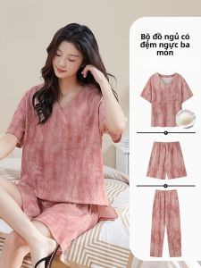 MiiOW | Bộ đồ ngủ cotton nguyên chất mùa hè cho nữ có đệm ngực MiiOW 3 món đồ mặc nhà tay ngắn quần short quần dài