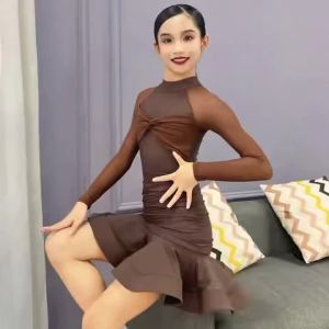Girls Long Sleeve Latin Dance Dress Kids Professional Standard Training Performance Outfit Mesh Skirt Autumn Winter Dance Wear