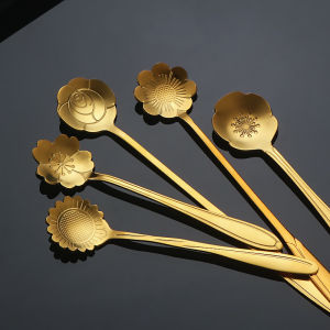 4PCS Stainless Steel Cherry Rose Flower Gold Scoop Coffee Spoon Gifts Kitchen Dessert Tea Accessories Tableware Decoration Set