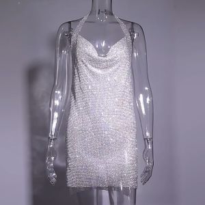 ชุดเดรสสายคล้องคอ เพชรโลหะ ประดับเลื่อม ดีไซน์สุดฮอต สำหรับงานปาร์ตี้ รุ่น 1401