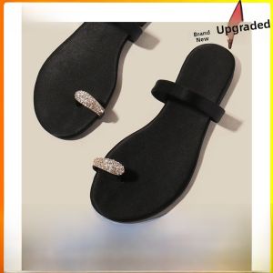 Water Diamond Flat Heel Womens Sandals 2025 New Style Genuine Leather Summer Simple Beautiful Buckle Toe Slip-On Slippers