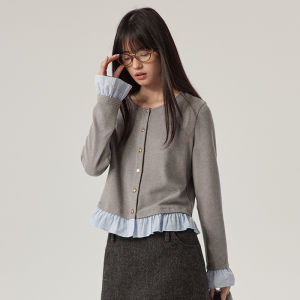 Omont Egg Tart Home Vintage Long Sleeve T-Shirt round Neck Design Sense Flocking Spring Autumn Leaf Edge Thickened Top Women