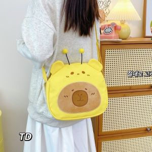 Cute Bear Canvas Shoulder Bag Womens Commuter School Bag Ins Lovely Cartoon Soft Handle Korean Style Large Size Casual Tote Bag
